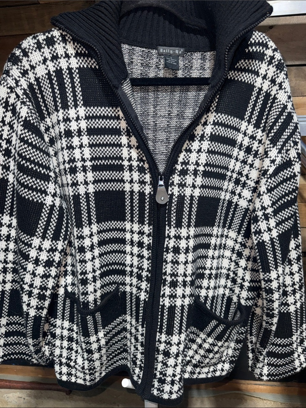 Tally Ho Black and White Plaid Zip-Up Knit Blazer Medium